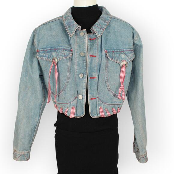 Vtg M/L HystericEtVous Crop Denim JeanJacket Western Gingham Red Cowgirl Light - Picture 1 of 14
